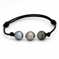 Bracelet en Cuir et 3 Perles de Tahiti Cercles C 9.7 mm