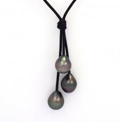 Collier en Cuir et 3 Perles de Tahiti Semi-Baroques B  10  10.2 mm