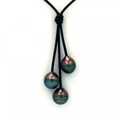 Collier en Cuir et 3 Perles de Tahiti Cercles C+  9.9  10.3 mm