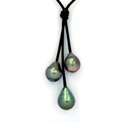 Collier en Cuir et 3 Perles de Tahiti Cercles C  10  10.9 mm