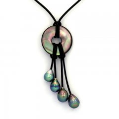Collier en Cuir et 4 Perles de Tahiti Cercles B+ 8.2  8.9 mm