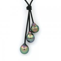 Collier en Cuir et 3 Perles de Tahiti Cercles B 10  10.5 mm