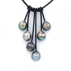 Collier en Cuir et 6 Perles de Tahiti Cercles B/C 10  10.5 mm