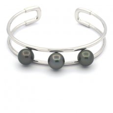 Bracelet en Argent et 3 Perles de Tahiti Rondes C 9.1  9.2 mm