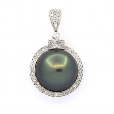 Pendentif en Or blanc 14k + 74 diamants et 1 Perle de Tahiti Ronde B 14.8 mm