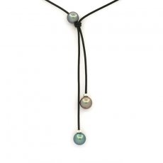 Collier en Cuir et 3 Perles de Tahiti Rondes C 9.3  9.7 mm