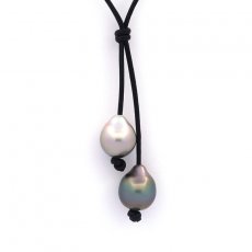 Collier en Cuir et 2 Perles de Tahiti Semi-Baroques B/C de 12 et 12.4 mm