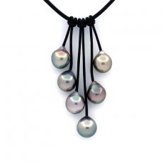 Collier en Cuir et 6 Perles de Tahiti Semi-Baroques B/C de 9.3  9.7 mm
