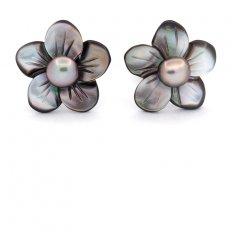 Boucles d'Oreilles en Argent, Nacre et 2 Keishis de Tahiti