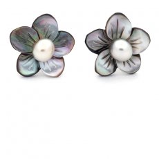 Boucles d'Oreilles en Argent, Nacre et 2 Keishis de Tahiti