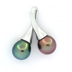 Pendentif en Argent et 2 Perles de Tahiti Semi-Baroques 1 A+ et 1 B+ 9 mm