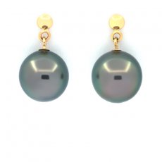 Boucles d'Oreilles en Or 18k et 2 Perles de Tahiti Semi-Rondes 1 A & 1 B 9.1 mm