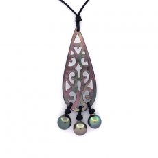 Collier en Cuir et 3 Perles de Tahiti Semi-Baroques B de 8.2  8.4 mm