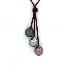 Collier en Cuir et 3 Perles de Tahiti Cercles C de 11.2 mm