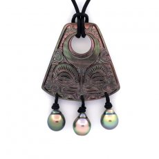 Collier en Cuir, Nacre et 3 Perles de Tahiti Semi-Baroques B 9.3 mm