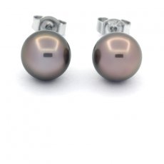 Boucles d'oreilles en Argent et 2 Perles de Tahiti Rondes C 8.4 mm