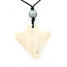 Collier en Coton, Pendentif en Os et 1 Perle de Tahiti Semi-Ronde C 9.6 mm