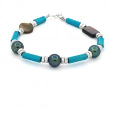 Armband aus Silber, Trkis, Perlmutt und 3 runden Tahiti Perlen D 8.3 mm