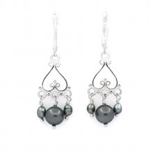 Boucles d'oreilles en Argent, 2 Perles de Tahiti Rondes C/D 7.8 mm et 4 Keishis