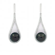 Boucles d'Oreilles en Argent et 2 Perles de Tahiti 1 Ronde & 1 Semi-Ronde C 9.7 mm