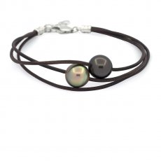 Bracelet en Cuir et 2 Perles de Tahiti Semi-Baroques C de 11.6 et 11.8 mm