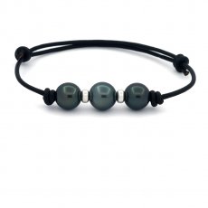 Bracelet en Cuir et 3 Perles de Tahiti Rondes D de 9.3  9.9 mm