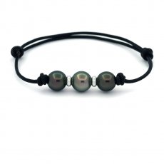 Bracelet en Cuir et 3 Perles de Tahiti Rondes D de 9  9.4 mm