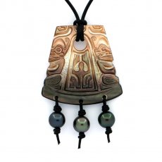 Pendentif en nacre et 3 Perles de Tahiti Semi-Baroques C/D de 8.6  8.9 mm
