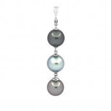 Pendentif en Argent et 3 Perles de Tahiti Rondes et Semi-Rondes C de 9.3 mm