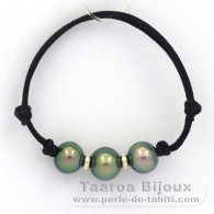 Bracelet en Coton waxé et 3 Perles de Tahiti Semi-Baroques B de 10 à 10.4 mm