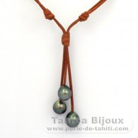 Collier en Cuir et 3 Perles de Tahiti Semi-Baroques C de 10 à 10.4 mm