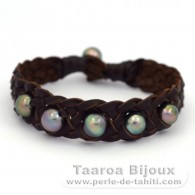 Bracelet en Cuir et 6 Perles de Tahiti Semi-Baroques C de 8.5 à 9.3 mm