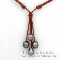 Collier en Cuir et 4 Perles de Tahiti Semi-Baroques B/C de 9.7  10.1 mm