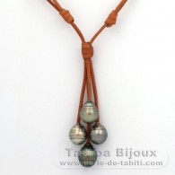 Collier en Cuir et 4 Perles de Tahiti Cercles C de 10.5  10.7 mm