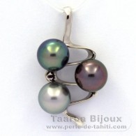Pendentif en Argent et 3 Perles de Tahiti Rondes C de 9.6 à 9.7 mm