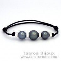 Bracelet en Coton Wax et 3 Perles de Tahiti Rondes C de 10.3  12 mm