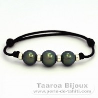Bracelet en Coton Wax et 3 Perles de Tahiti Rondes C de 10  10.9 mm