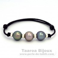 Bracelet en Coton Wax et 3 Perles de Tahiti Rondes C+ de 10.6  10.7 mm