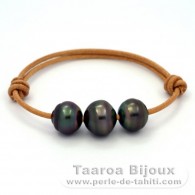 Bracelet en Cuir et 3 Perles de Tahiti Cerclées C de 12.5 à 13.5 mm