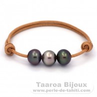 Bracelet en Cuir et 3 Perles de Tahiti Semi-Baroques B de 11 à 11.3 mm