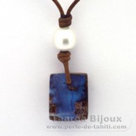 Collier en Cuir, 1 Perle d'Australie Baroque et 2 Opales