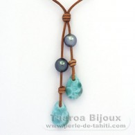 Collier en Cuir, 2 perles de Tahiti et 2 Larimar