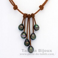 Collier en Cuir et 6 Perles de Tahiti Cerclées C de 9.3 à 10 mm