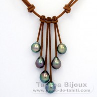 Collier en Cuir et 6 Perles de Tahiti Semi-Baroques C de 9.6 à 9.9 mm