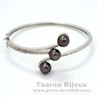 Bracelet en Argent et 3 Perles de Tahiti Rondes C 8 mm