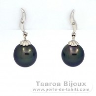 Boucles d'Oreilles en Or blanc 18K + 2 diamants et 2 Perles de Tahiti Semi-Baroques B+ 9.3 mm