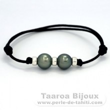 Bracelet en Coton Wax et 2 Perles de Tahiti Rondes C 10.3 et 10.4 mm