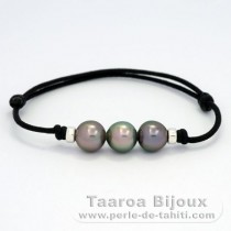 Bracelet en Coton Wax et 3 Perles de Tahiti Semi-Baroques C 9.5 mm