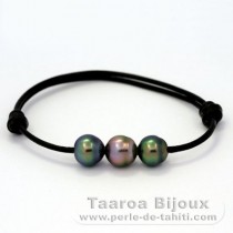 Bracelet en Cuir et 3 Perles de Tahiti Semi-Baroques B+  8.7  8.9 mm