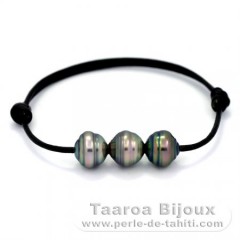 Bracelet en Cuir et 3 Perles de Tahiti Cerclées C  9.7 à 9.8 mm